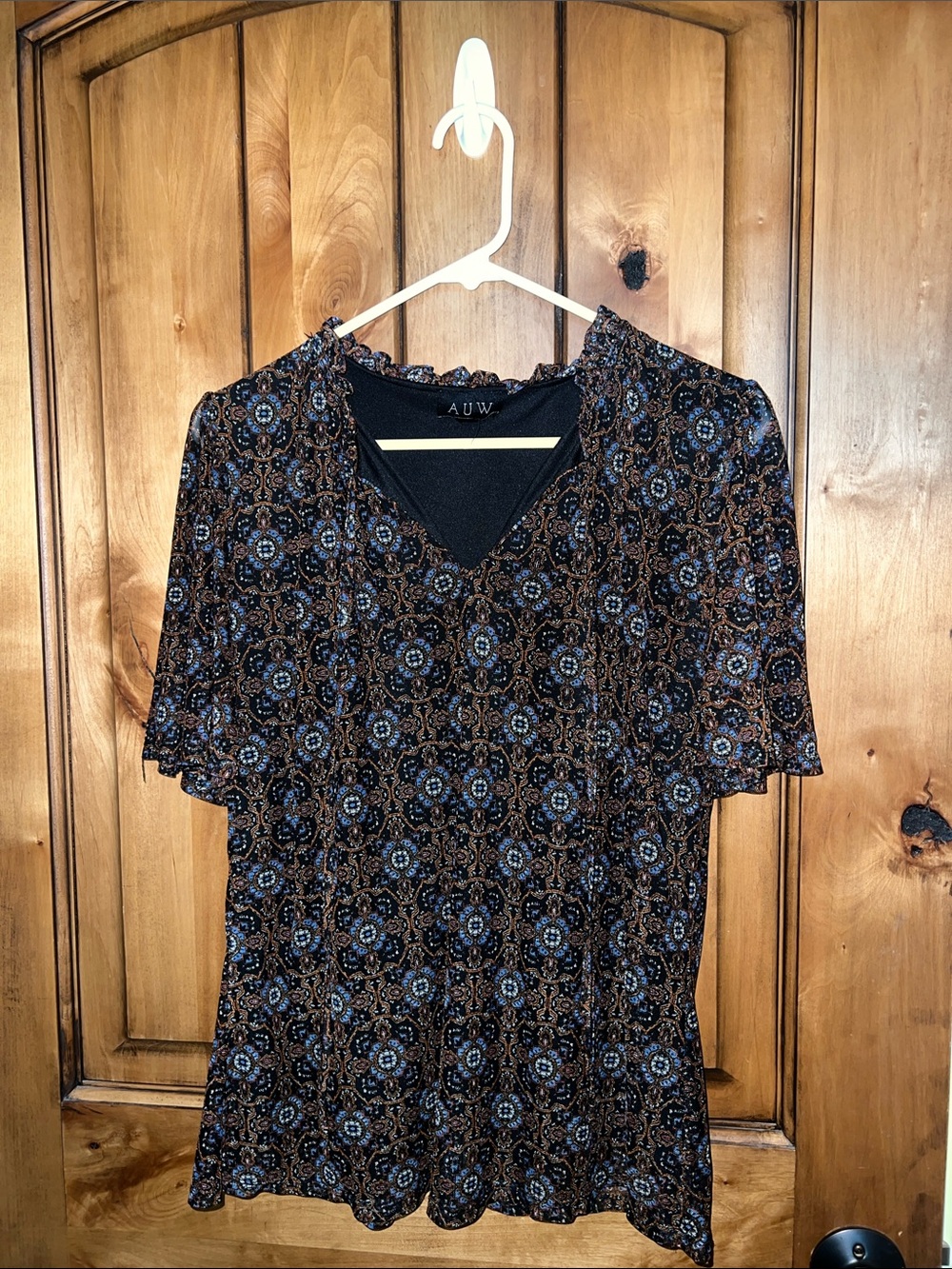 AUW Black Brown and Blue Medallion V-Neck Top
